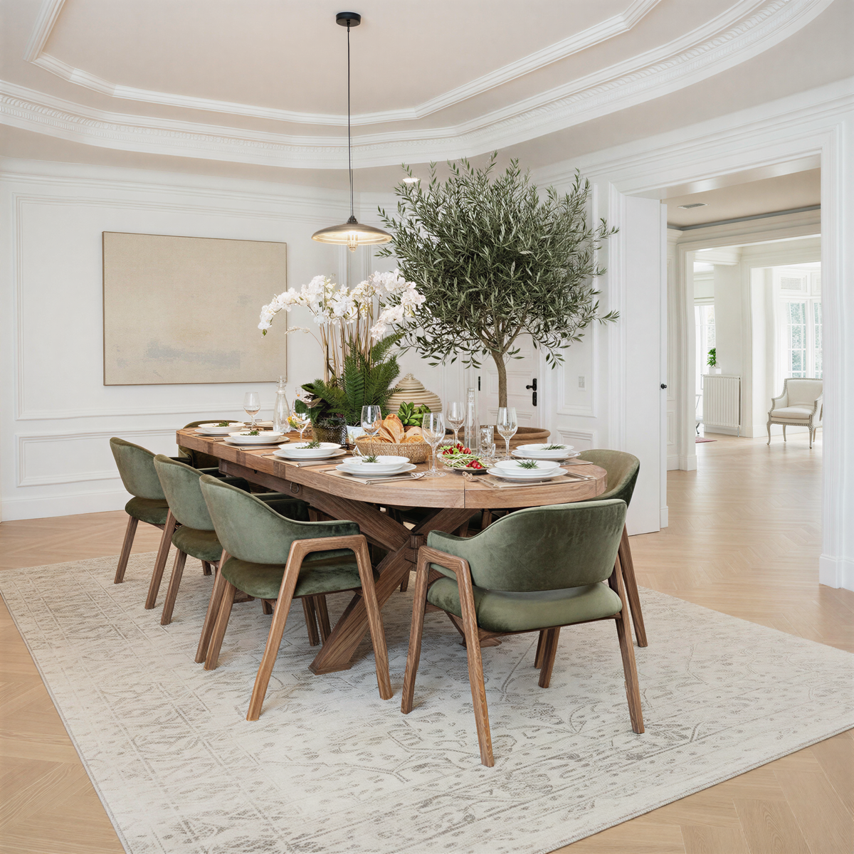 Image Alt Text (for SEO & Accessibility)Oval wooden dining table paired with olive green velvet armchairs, potted olive tree centerpiece, and neutral area rug on chevron wood flooring.