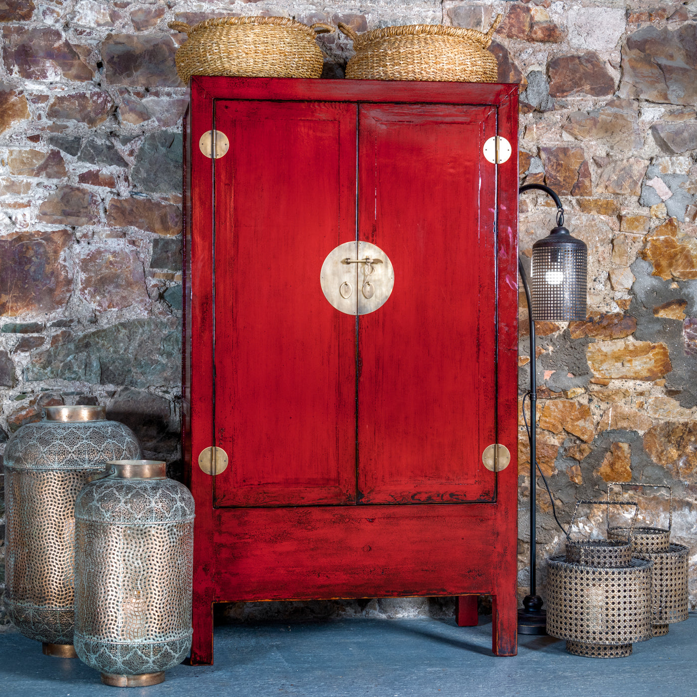 Nanjing Tall Red Cabinet Lacquered Pine