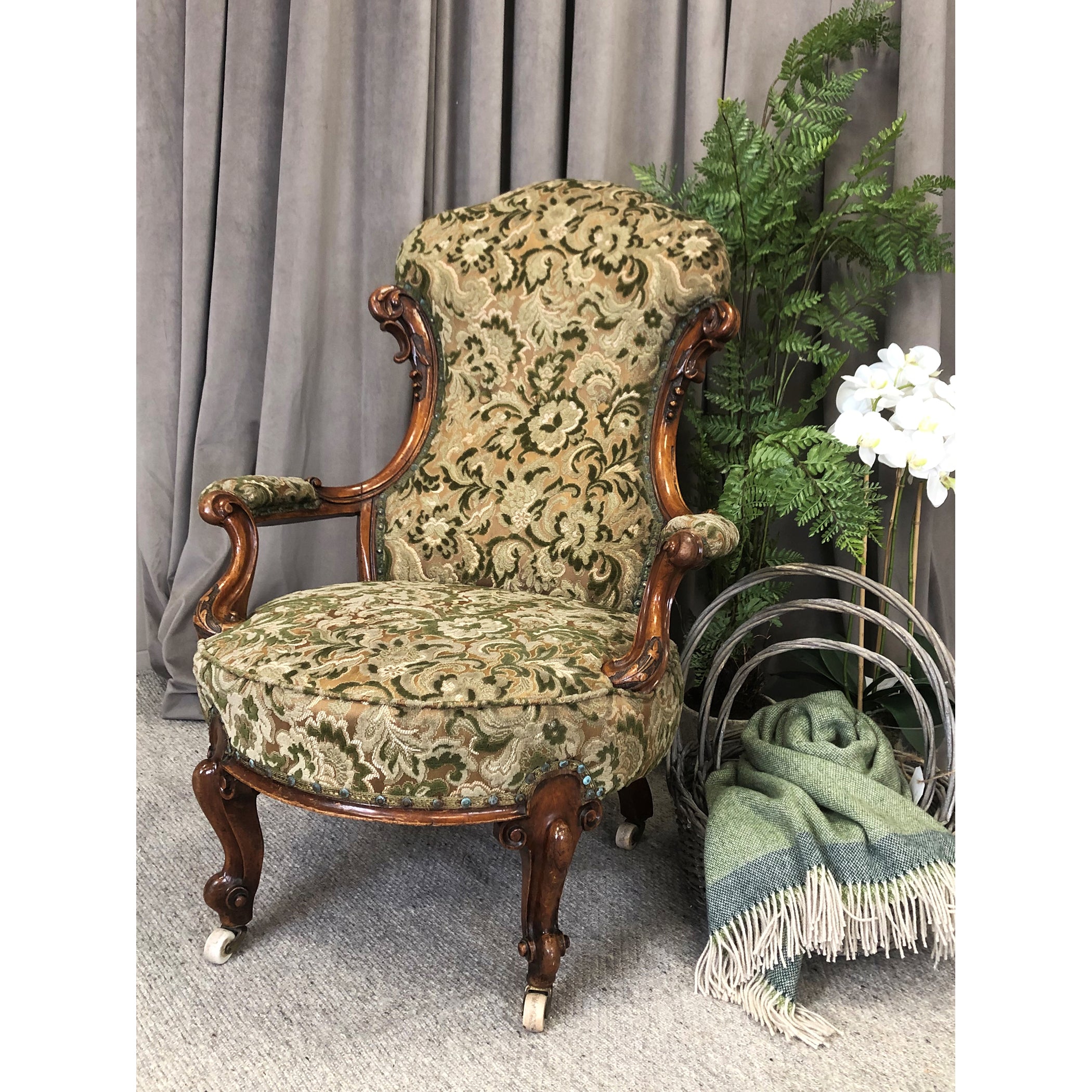 Victorian Walnut & Upholstered Armchair